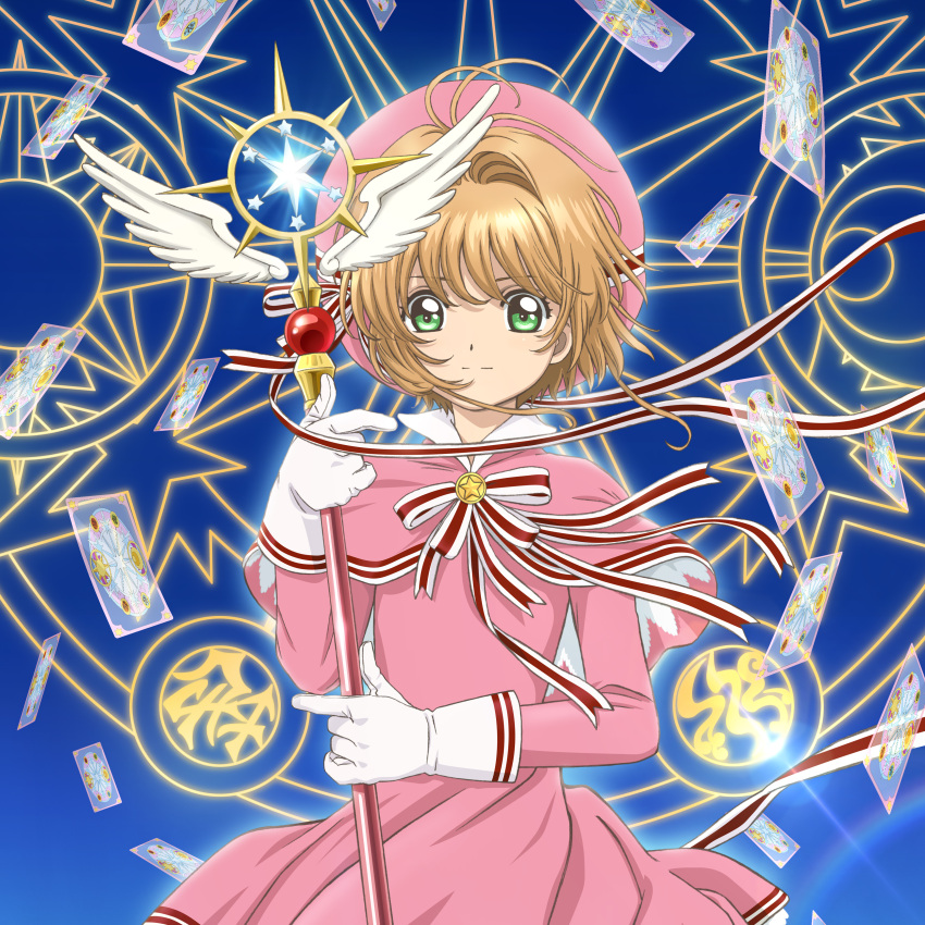 1girl, absurdres, antenna_hair, blue_background, bow, brown_hair, capelet, cardcaptor_sakura, cardcaptor_sakura_clear_card_arc, clear_card, dot_nose, dress, gloves, green_eyes, hair_intakes, hamada_kunihiko, hat, hat_bow, highres, holding, holding_staff, kinomoto_sakura, kinomoto_sakura_(pink_ribbon_dress), light_smile, looking_at_viewer, magic_circle, official_art, pink_capelet, pink_dress, pink_hat, short_hair, simple_background, solo, split_mouth, staff, straight-on, striped_bow, upper_body, white_gloves, yume_no_tsue