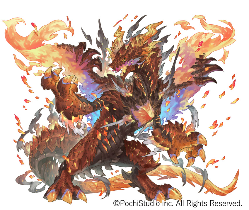 7nin_no_kenja_to_renkinjutsushi, animal_focus, claws, company_name, copyright_notice, dragon, fiery_tail, fiery_wings, fire, full_body, highres, horns, monster, no_humans, official_art, open_mouth, scales, simple_background, smoke, solo, tail, tapioka_chaso, white_background, wings, yellow_eyes, yellow_horns