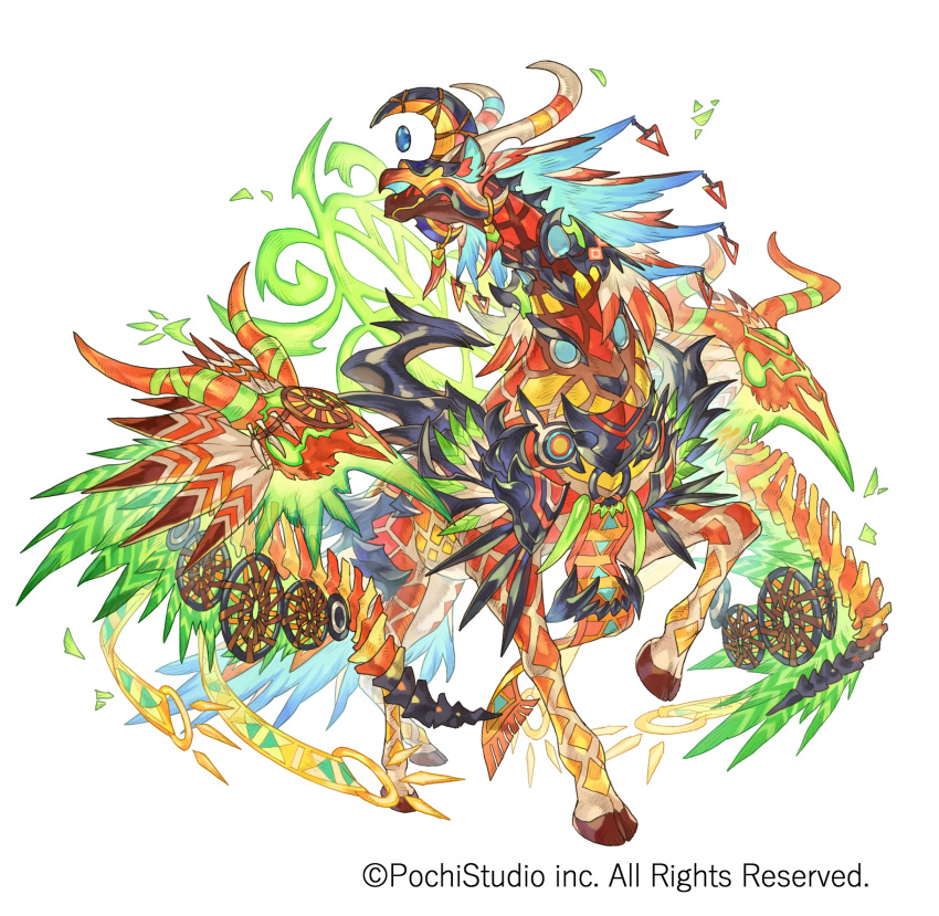7nin_no_kenja_to_renkinjutsushi, animal_focus, blue_eyes, company_name, copyright_notice, covered_eyes, extra_faces, fake_horns, full_body, giraffe, headdress, helmet, highres, hooves, horn_ornament, horned_helmet, horns, monster, no_humans, o-ring, official_art, simple_background, solo, tail, tapioka_chaso, white_background