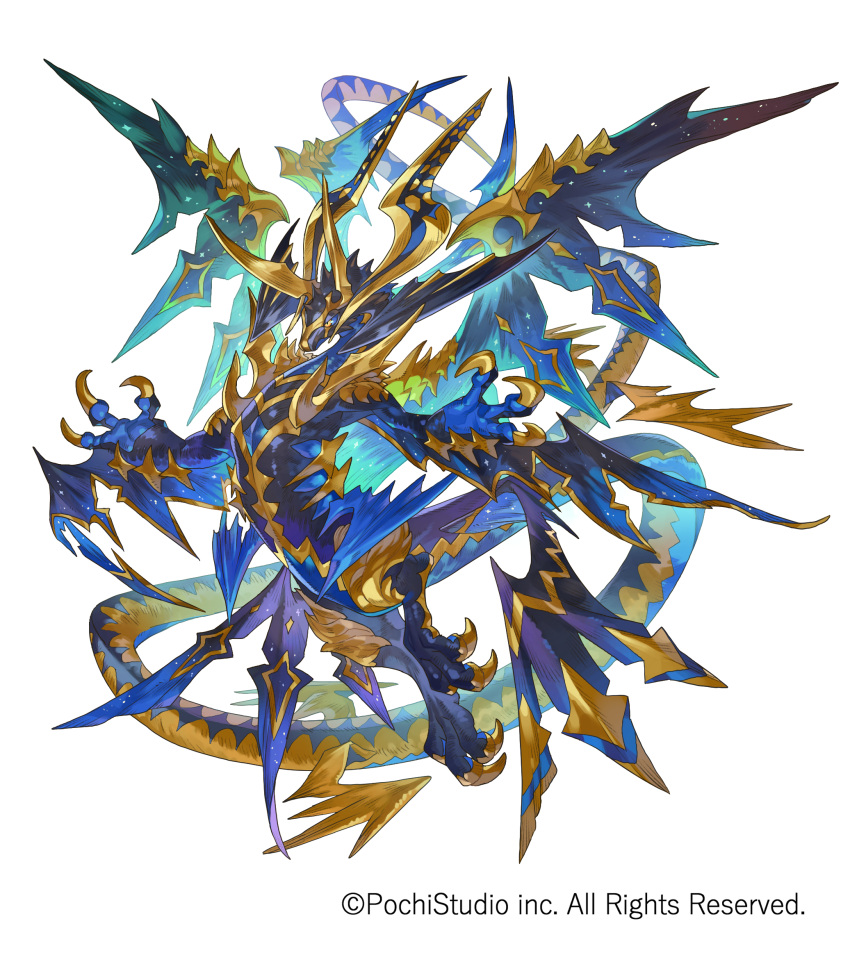 7nin_no_kenja_to_renkinjutsushi, animal_focus, blue_wings, claws, company_name, copyright_notice, dragon, from_side