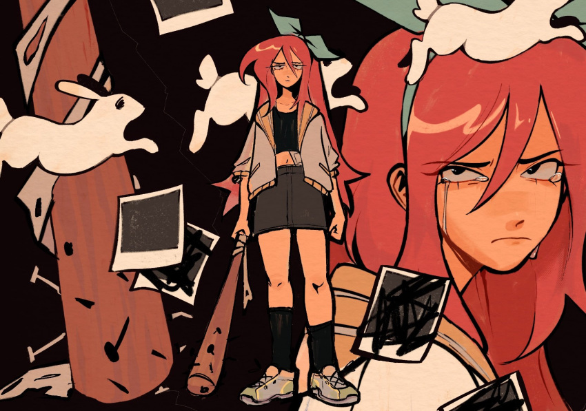 1girl, aubrey_(faraway)_(omori), aubrey_(omori), baseball_bat, black_socks, closed_mouth, collarbone, crop_top, crying, crying_with_eyes_open, darmicy, denim, denim_skirt, hairband, highres, holding, holding_baseball_bat, jacket, juvenile, long_hair, looking_at_viewer, nail, nail_bat, navel, omori, photo_(object), pink_hair, scribble, skirt, socks, solo, tears, teenage, tomboy, white_jacket, young