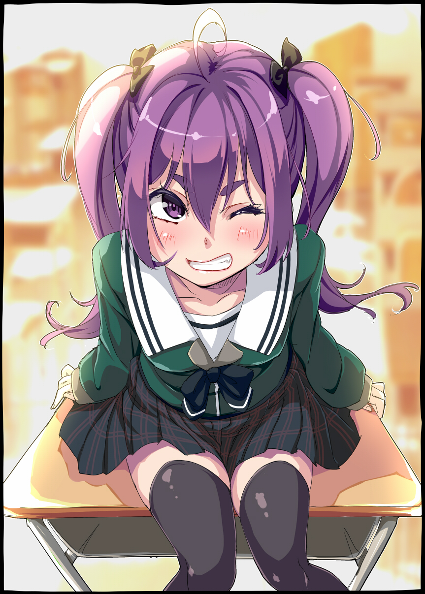1girl, 22/7, ahoge, black_ribbon, black_skirt, black_thighhighs, bow, bowtie