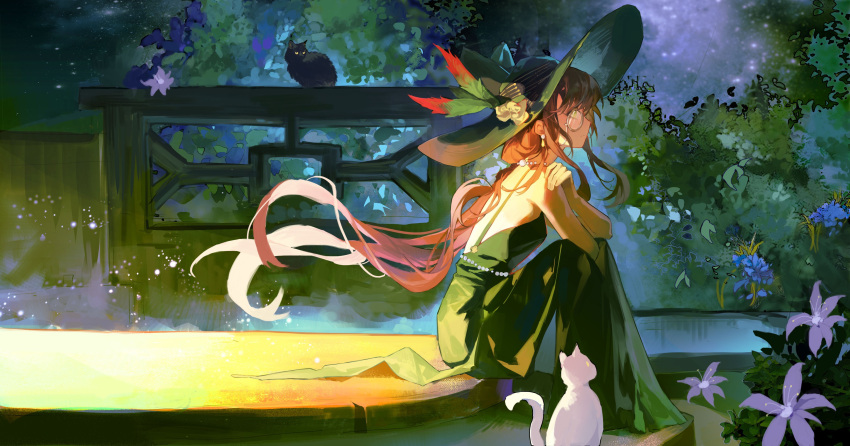 1girl, absurdres, backless_dress, backless_outfit, black_cat, brown_hair, bush, cat