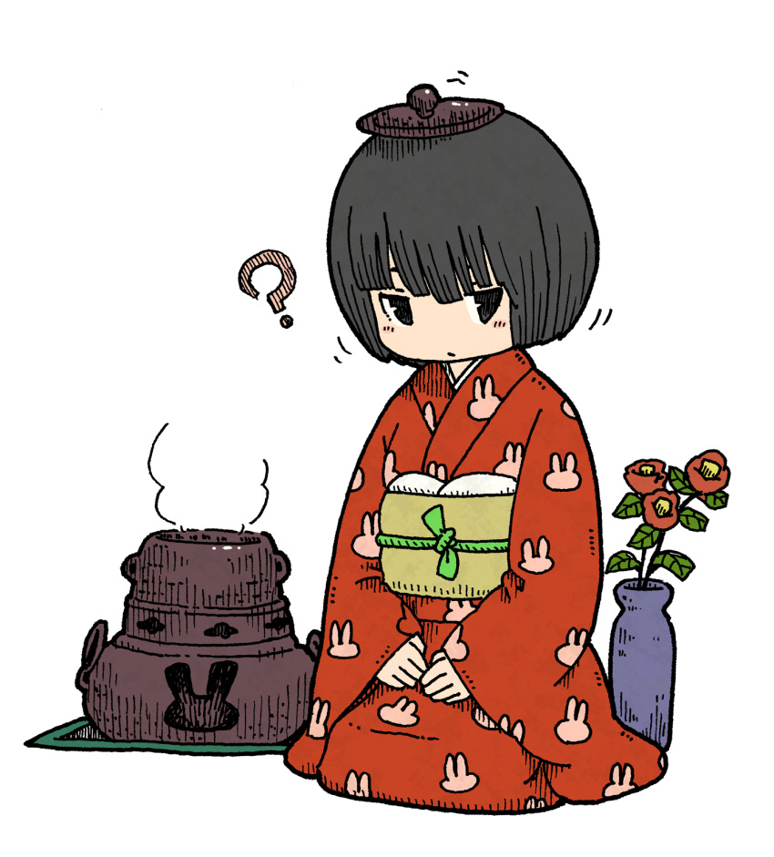 1girl, ?, animal_print, black_eyes, black_hair, blush_stickers, camellia, chagama_(pot), closed_mouth, commentary_request, flower, highres, japanese_clothes, kimono, long_sleeves, looking_at_viewer, obi, original, print_kimono, rabbit_print, red_flower, red_kimono, sash, seiza, short_hair, simple_background, sitting, sleeves_past_wrists, smoke, solo, vase, white_background, wide_sleeves, yukimoto_shuuji_(gurigura)