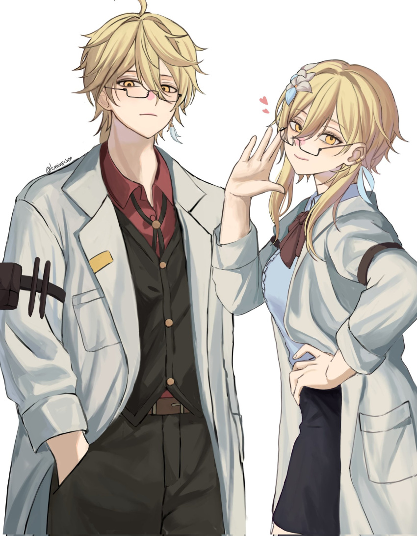 1boy, 1girl, aether_(genshin_impact), black_pants, black_skirt, black_vest, blonde_hair, blue_shirt