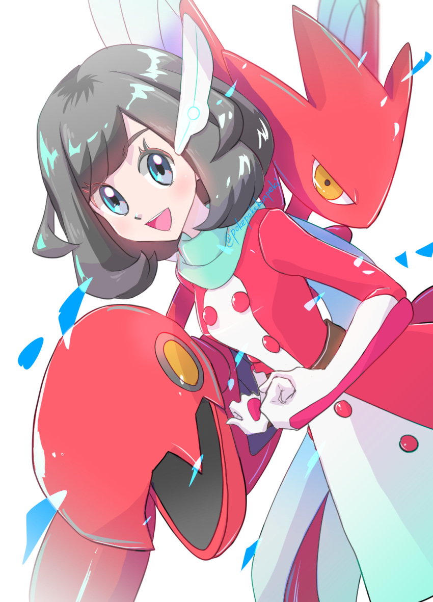 1girl, :d, black_eyes, black_hair, clenched_hand, commentary_request, dress, gloves