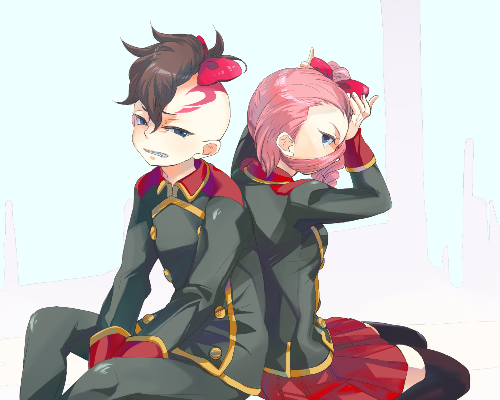 brown_hair, drill_hair, fudou_akio, hair_over_one_eye, inazuma_eleven, pink_hair, ribbon, school_uniform