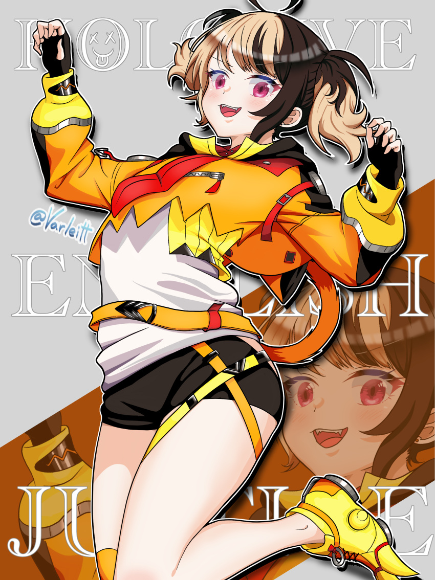 absurdres, artist_name, black_hair, blonde_hair, crop_top, cropped_hoodie, fang, fingerless_gloves