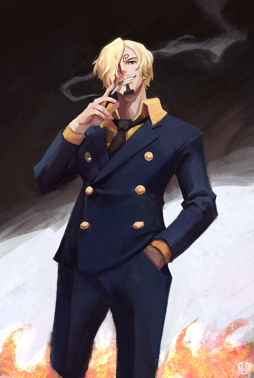 1boy, absurdres, black_eyes, black_necktie, blonde_hair, cigarette, commentary, curly_eyebrows, english_commentary, facial_hair, formal, goatee, hair_over_one_eye, hand_in_pocket, highres, kaerruu, long_sleeves, looking_at_viewer, male_focus, mouth_hold, mustache_stubble, necktie, one_eye_covered, one_piece, orange_shirt, sanji_(one_piece), shirt, short_hair, signature, smile, smoke, solo, stubble, suit, teeth