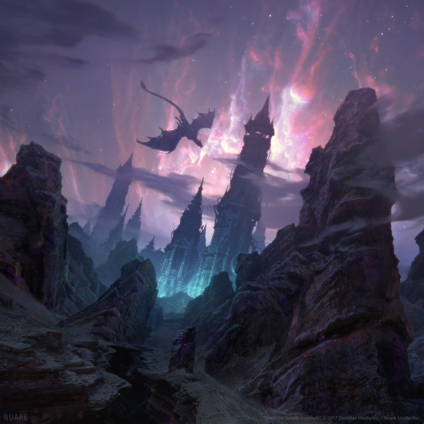 absurdres, animal_focus, building, christian_dimitrov, clouds, commentary, company_name, copyright_name, dragon, english_commentary, fantasy, flying, glowing, highres, no_humans, official_art, outdoors, pink_sky, rock, scenery, sky, solo, star_(sky), starry_sky, tail, the_elder_scrolls, the_elder_scrolls_legends, wings