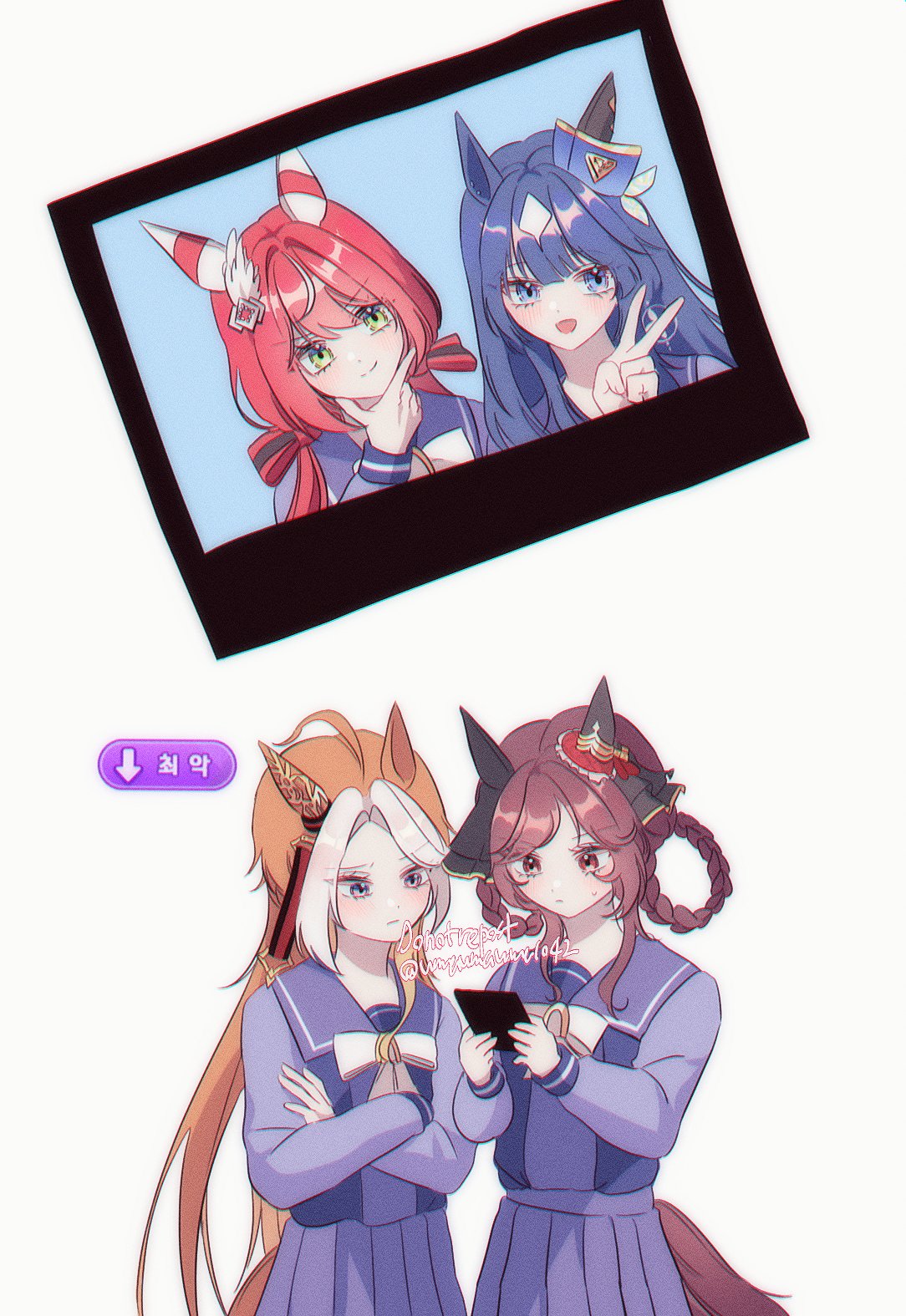 4girls, ahoge, animal_ears, blue_eyes, blush, breasts, brown_hair, closed_mouth