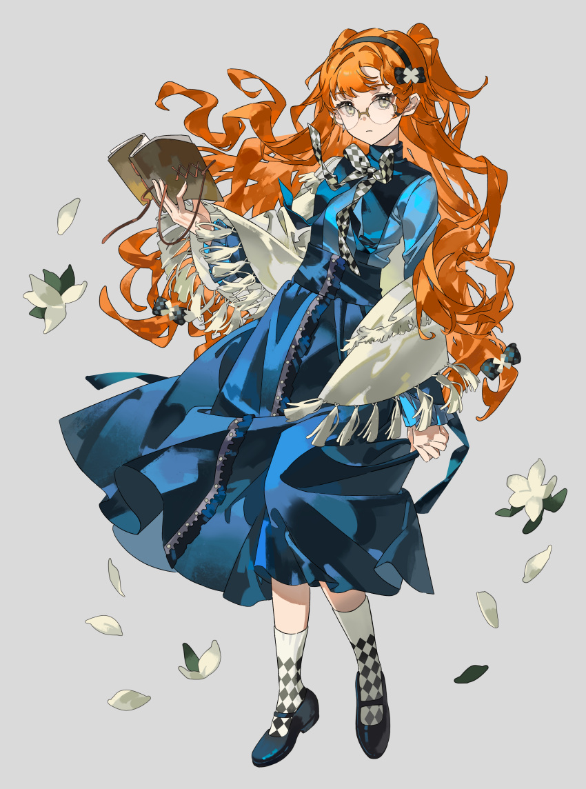 1girl, absurdres, ankle_socks, black_bow, black_footwear, black_hairband, blue_dress, bow
