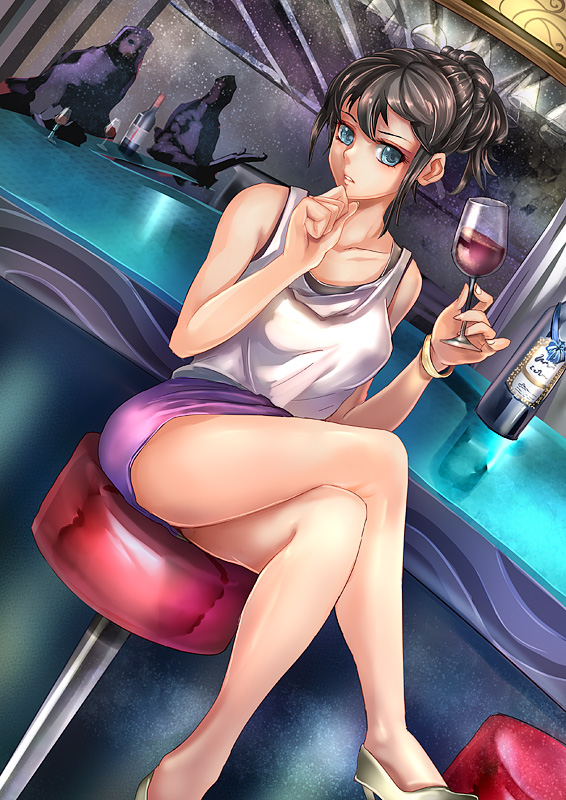 aqua_eyes, bar, black_hair, bottle, bracelet, crossed_legs, cup, dutch_angle