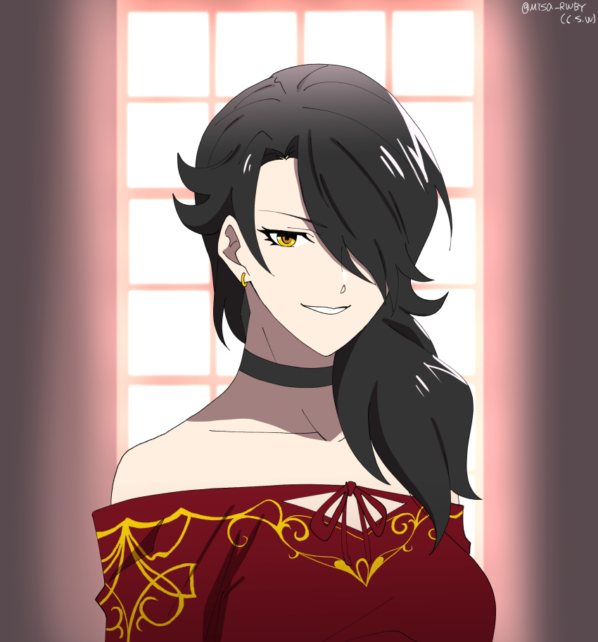 1girl, absurdres, bare_shoulders, black_choker, black_hair, choker, cinder_fall, dress