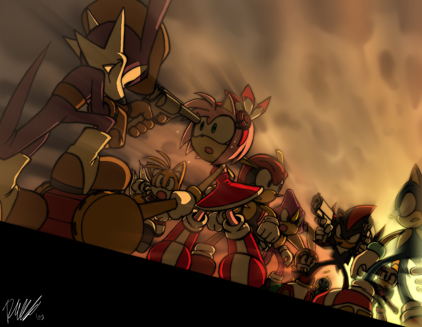 3girls, 6+boys, aiming, amy_rose, animal_ears, armadillo_ears, blue_eyes, boots