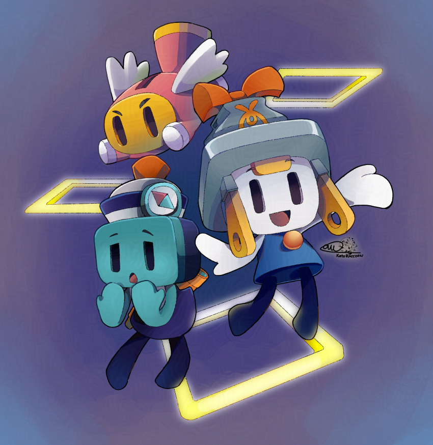 1boy, 1girl, 1other, :d, absurdres, artist_name, blue_dress, blue_skin, brooch, colored_skin, connie_(mario), d:, dress, electrical_outlet, empty_eyes, flying, hand_up, hat, highres, jewelry, kato_raccoon, mario_&amp;_luigi:_brothership, mario_&amp;_luigi_rpg, nervous, open_mouth, sailor_hat, smile, snoutlet_(mario), super_mario_bros., white_skin, wings