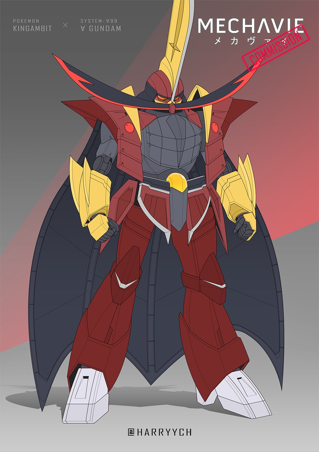 arm_blade, artist_name, character_name, cosplay, crossover, english_commentary, english_text, fusion, gundam, harryych, highres, kingambit, kingambit_(cosplay), mecha, mecha_focus, mobile_suit, no_humans, pokemon, pokemon_(creature), pokemon_sv, red_eyes, robot, science_fiction, turn_a_gundam, turn_a_gundam_(mobile_suit), weapon