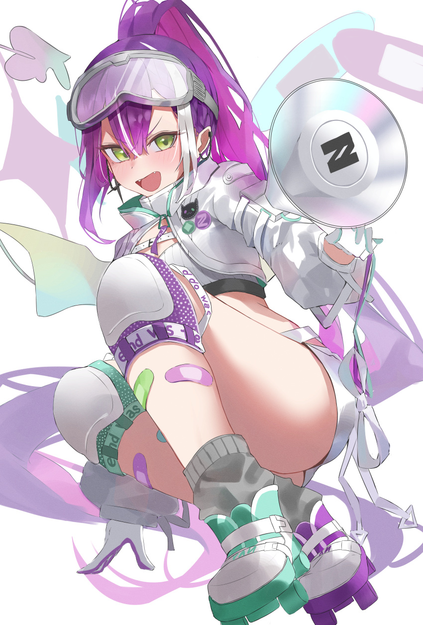 1girl, absurdres, bandaid, bandaid_on_leg, bandeau, blush, braid, breasts