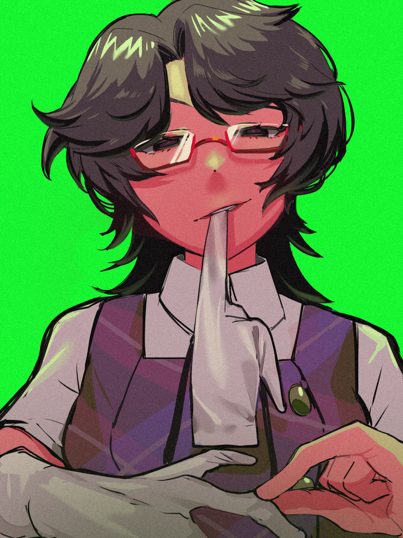 1girl, black_hair, commentary_request, glasses, glove_in_mouth, gloves, green_background, grin, hamadain_000, looking_at_viewer, mouth_hold, plaid, plaid_vest, purple_vest, red-framed_eyewear, removing_glove, shirt, short_hair, simple_background, smile, solo, touhou, unworn_gloves, upper_body, usami_sumireko, vest, white_gloves, white_shirt