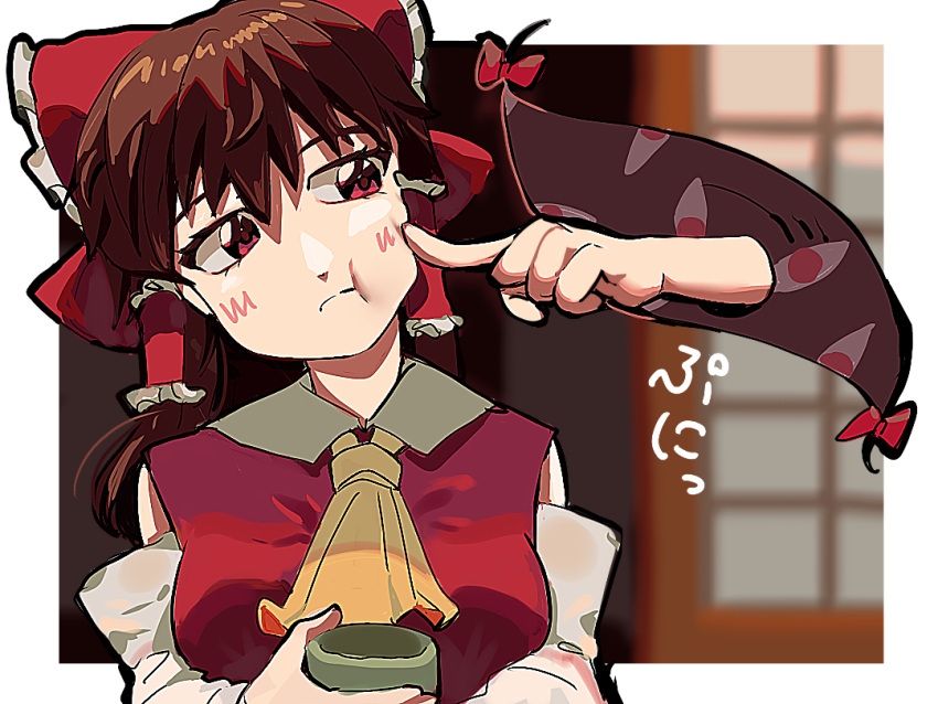 2girls, ascot, blurry, blurry_background, blush, bow, brown_hair, cheek_poking