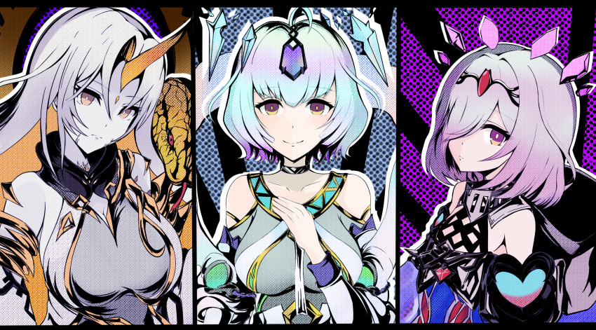 3girls, absurdres, ahoge, bare_shoulders, blue_hair, circlet, fire_emblem, fire_emblem_heroes