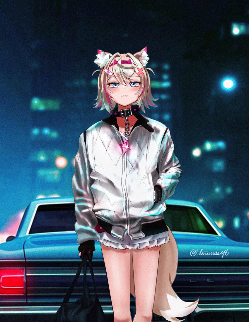 1girl, absurdres, animal_collar, animal_ears, bag, black_gloves, blue_eyes, car