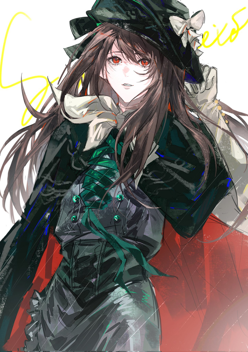 1girl, adjusting_clothes, adjusting_headwear, black_hat, black_shirt, black_skirt, bow, brown_hair, cape, character_name, cowboy_shot, gloves, hand_on_headwear, hand_up, hat, hat_bow, highres, long_hair, looking_up, miko_66, neckerchief, parted_lips, red_cape, red_eyes, reverse:1999, semmelweis_(reverse:1999), shirt, skirt, solo, straight-on, tricorne, white_background, white_bow, white_gloves, white_neckerchief
