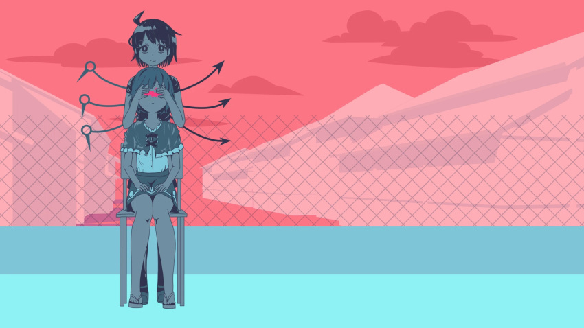 2girls, ahoge, asymmetrical_wings, bright_pupils, capelet, chain-link_fence, chair, chinese_commentary