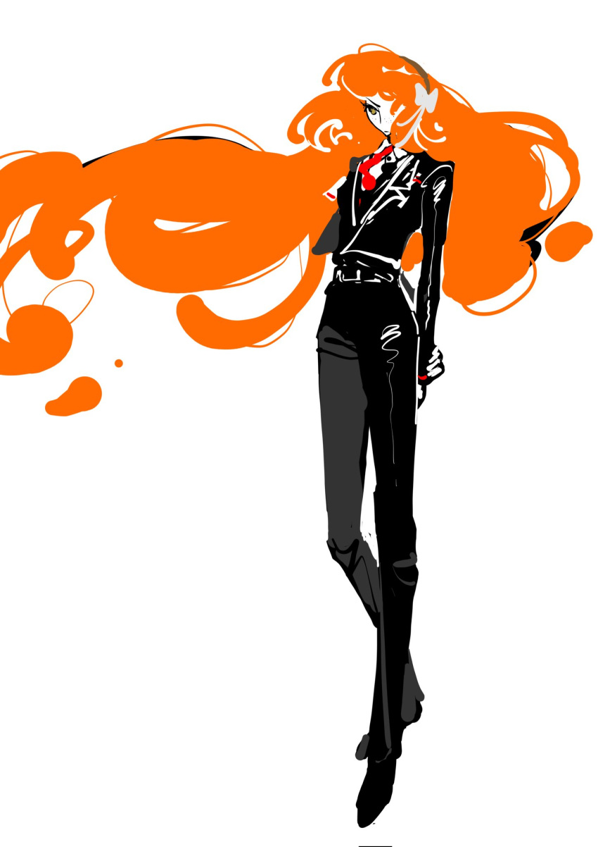 1girl, arms_behind_back, belt, black_footwear, black_jacket, black_pants, bow, full_body
