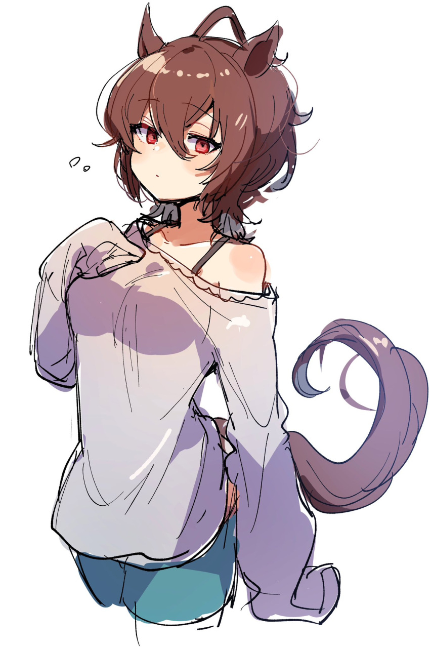 1girl, agnes_tachyon_(umamusume), ahoge, animal_ears, bare_shoulders, blue_shirt, blush, bra_strap
