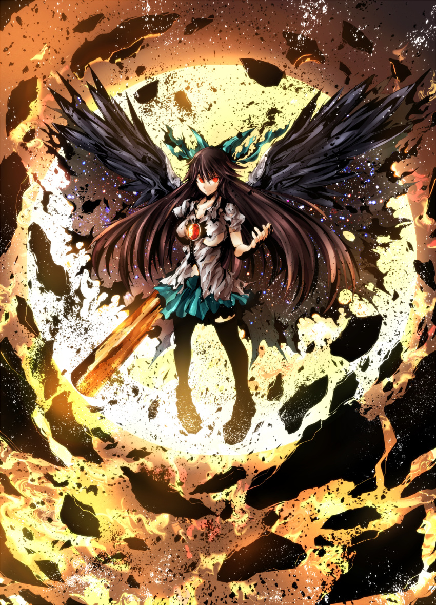 bow, brown_hair, hair_bow, highres, kuro_kichi, long_hair, red_eyes, reiuji_utsuho, rock, thigh-highs, thighhighs, third_eye, torn_clothes, touhou, weapon, wings