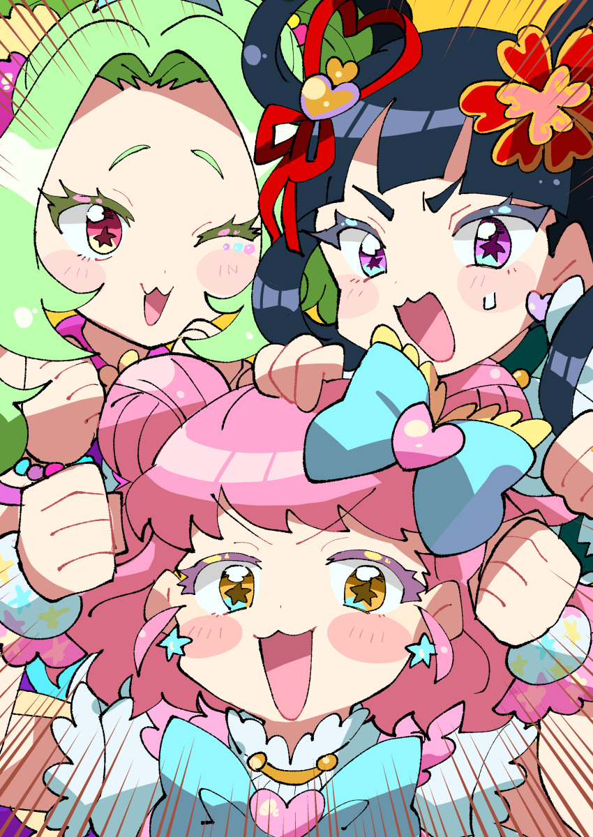 3girls, :3, absurdres, black_hair, blush_stickers, clenched_hands, colored_eyelashes, double_bun