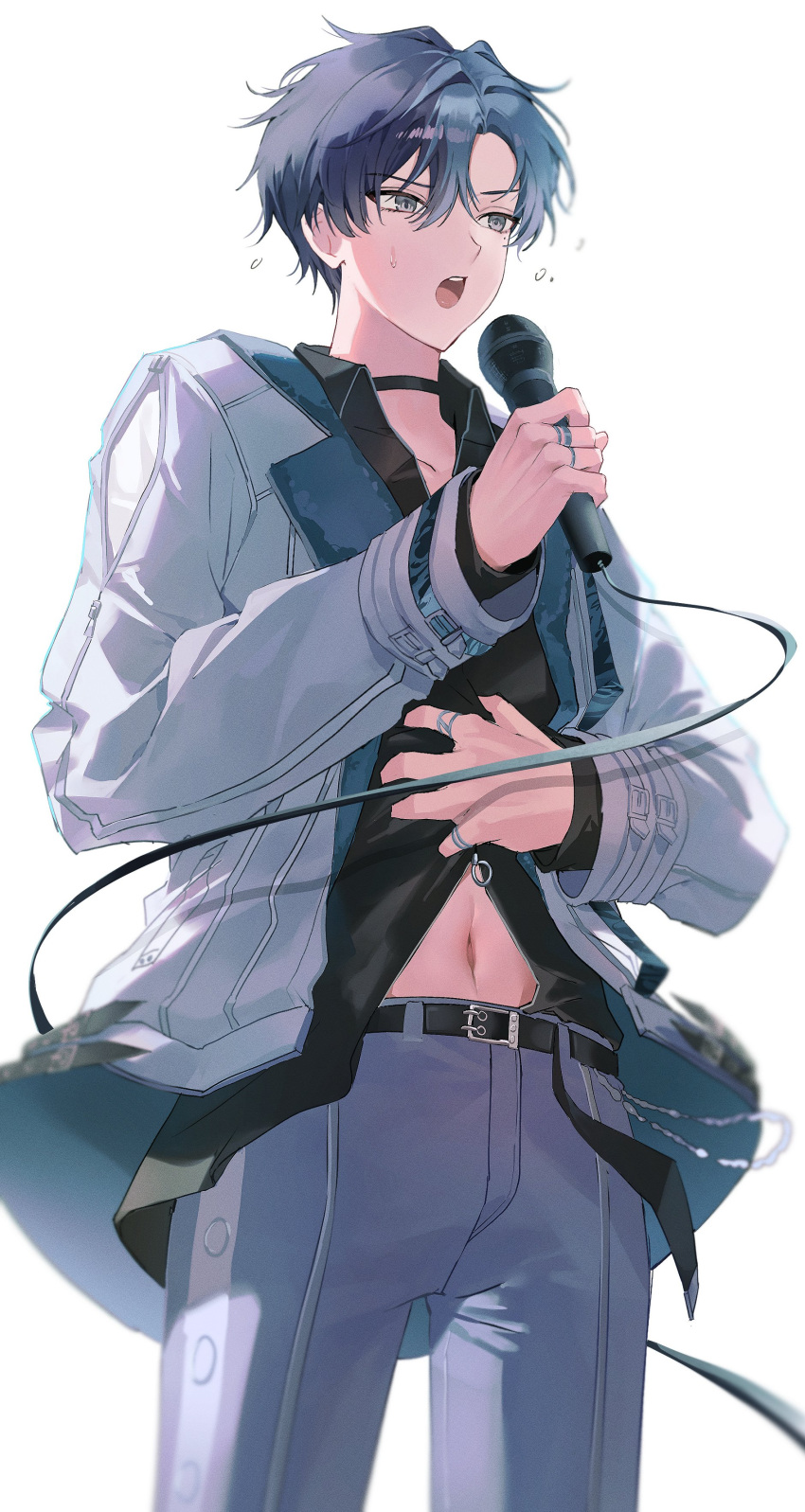 1boy, absurdres, aoyagi_touya, belt, belt_buckle, black_belt, black_choker, blue_hair