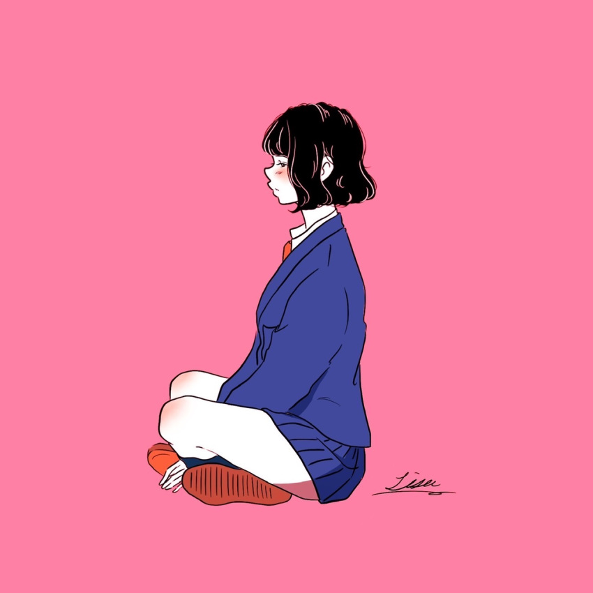 1girl, black_hair, blue_jacket, blue_skirt, blush, from_side, full_body, highres, jacket, lisa_(illustsan430), long_sleeves, looking_at_viewer, necktie, original, pink_background, pleated_skirt, red_necktie, school_uniform, shirt, shoes, short_hair, signature, simple_background, sitting, skirt, solo, white_shirt