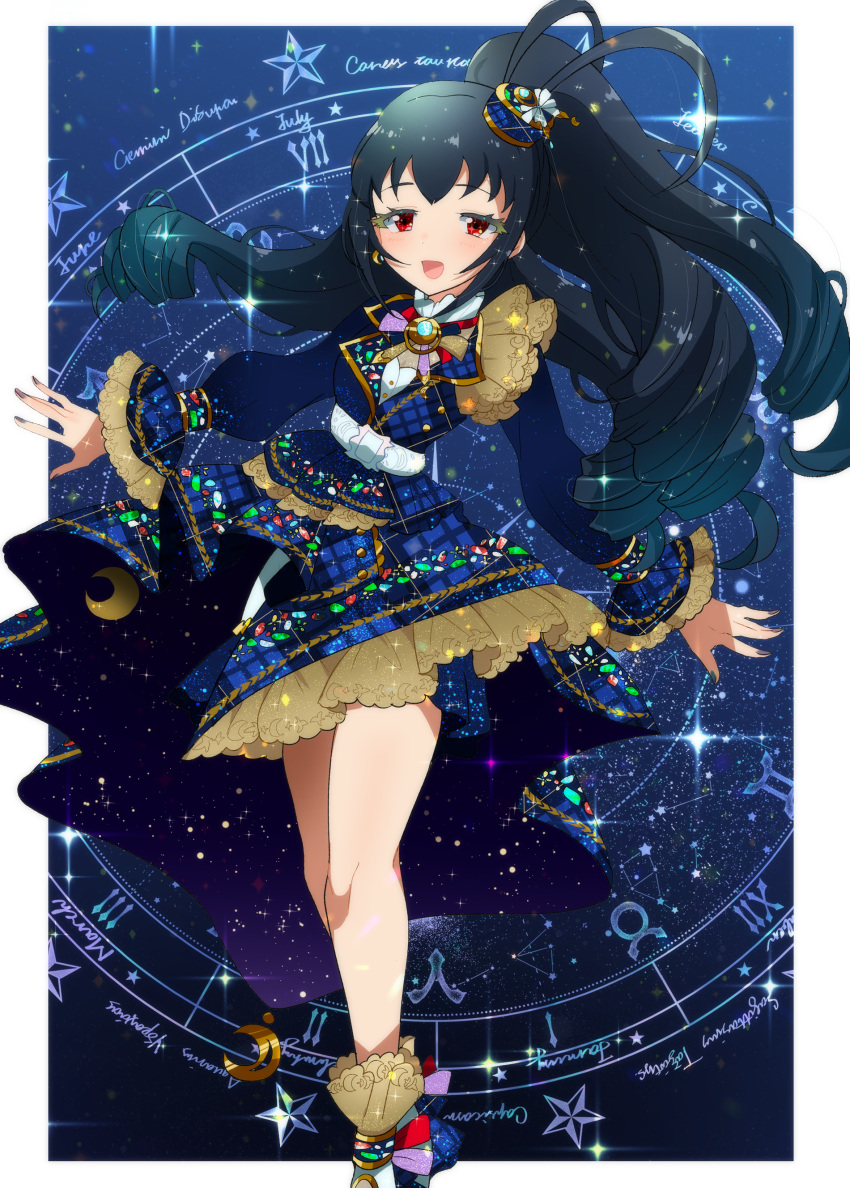 1girl, absurdres, belt, black_hair, black_nails, blue_shirt, blue_skirt, blush