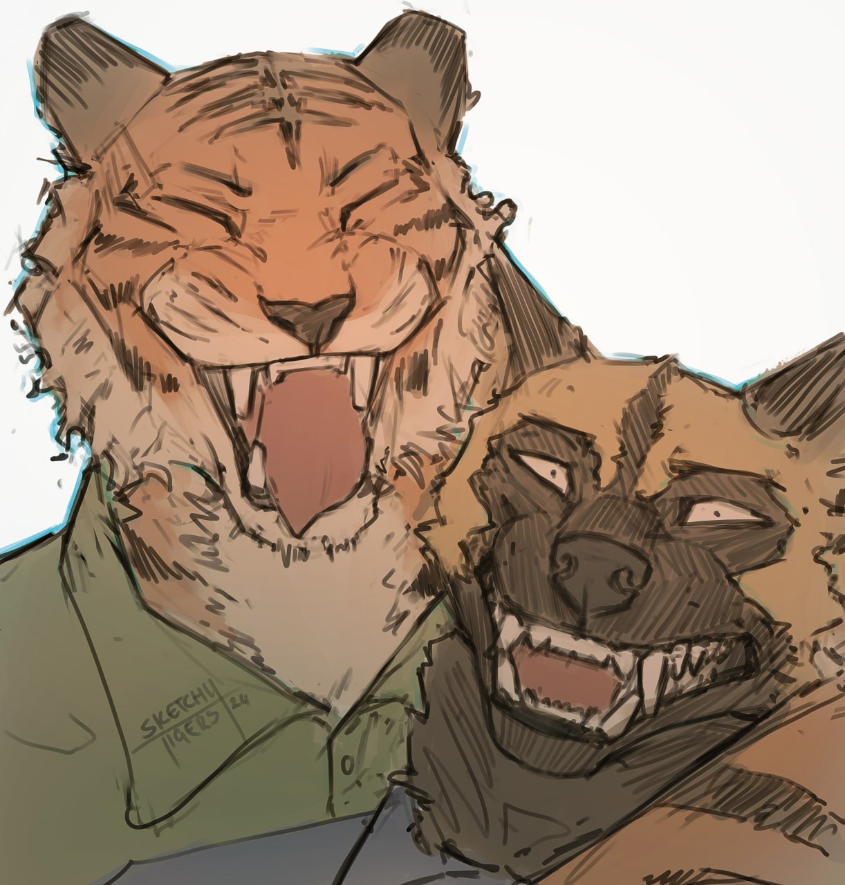 2boys, animal_ears, arm_around_shoulder, artist_name, beastars, bill_(beastars), body_fur, brown_fur, closed_eyes, collared_shirt, constricted_pupils, dated, durham_(beastars), facing_viewer, furry, furry_male, green_shirt, highres, looking_at_viewer, male_focus, multiple_boys, open_mouth, orange_fur, shirt, simple_background, sketchytigers, tiger_boy, tiger_ears, tongue, tongue_out, upper_body, white_background, wolf_boy, wolf_ears