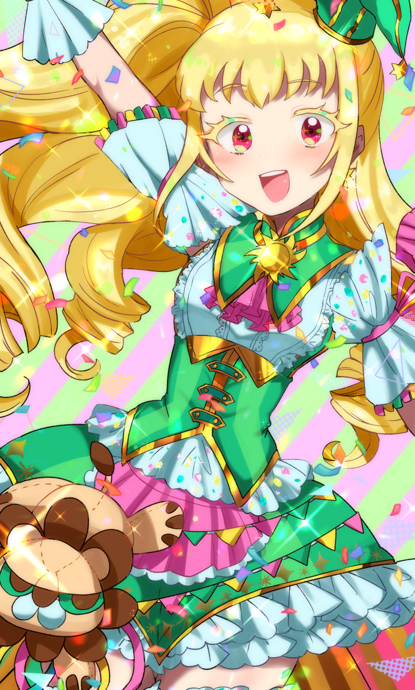 absurdres, blonde_hair, blush, colored_eyelashes, confetti, drill_hair, frilled_skirt, frills