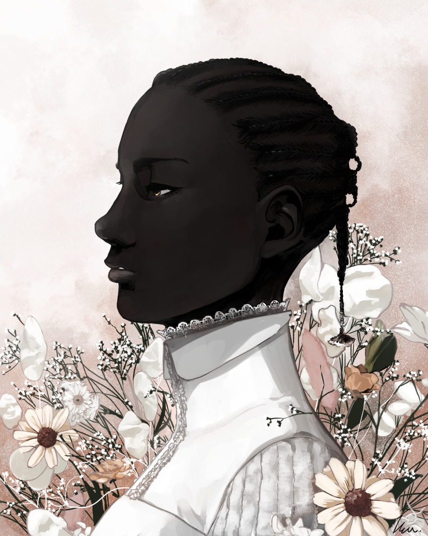 1girl, brown_eyes, dark-skinned_female, dark_skin, dreadlocks, eyelashes, flower, frilled_shirt_collar