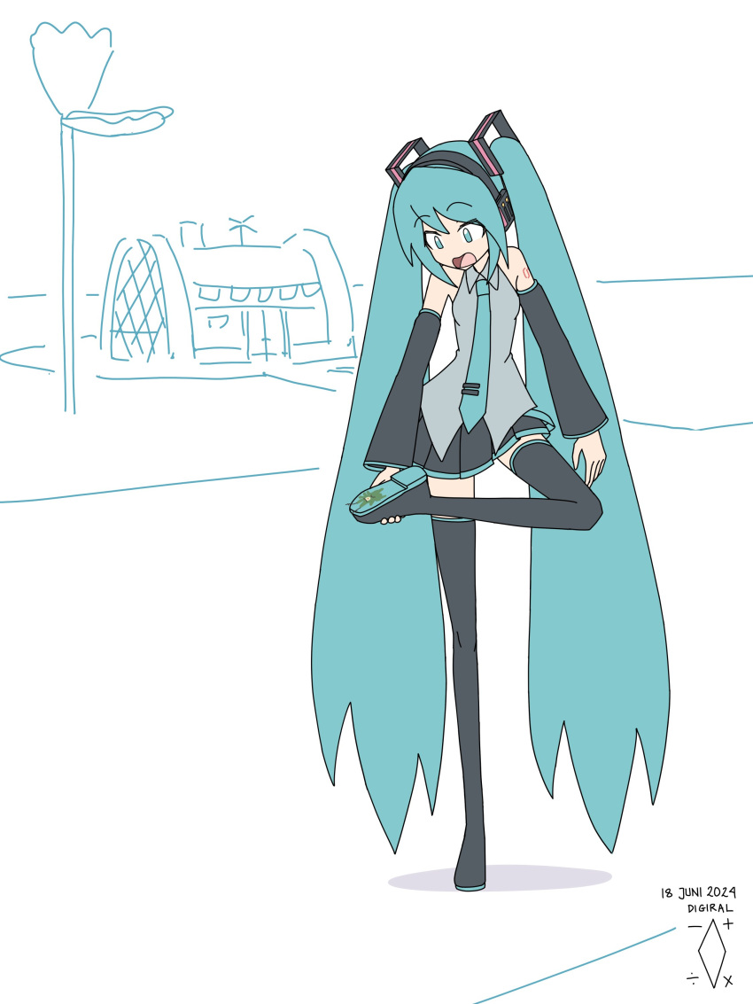1girl, absurdres, aqua_eyes, aqua_hair, aqua_necktie, artist_logo, artist_name, black_footwear
