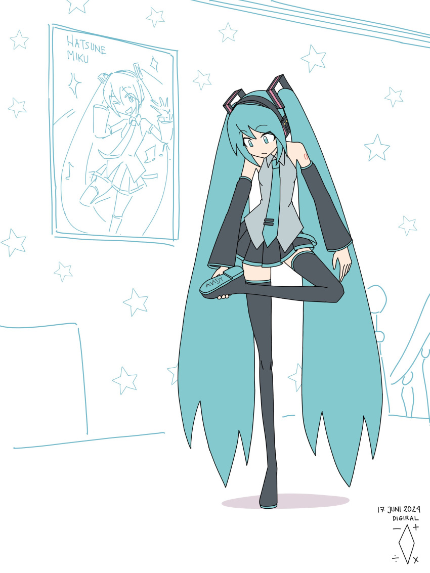 1girl, absurdres, aqua_eyes, aqua_hair, aqua_necktie, artist_logo, artist_name, black_footwear