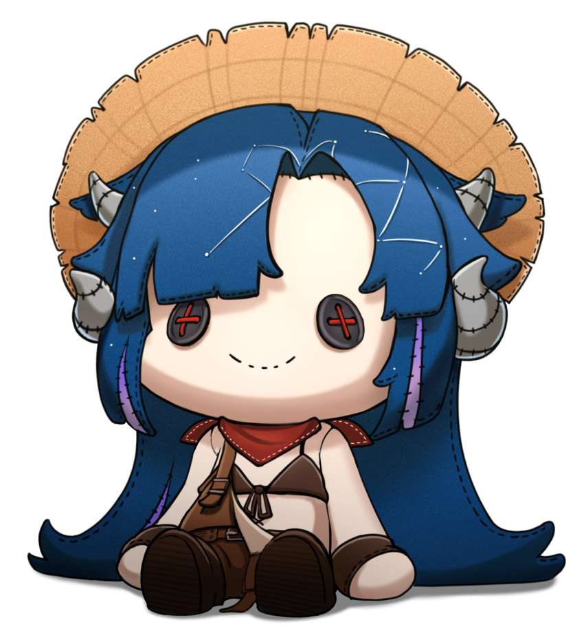1girl, bikini, blue_hair, brown_bikini, brown_footwear, brown_hat, brown_overalls, button_eyes