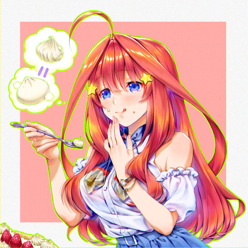 1girl, ahoge, baozi, blue_eyes, blue_ribbon, blue_shirt, blush, bracelet