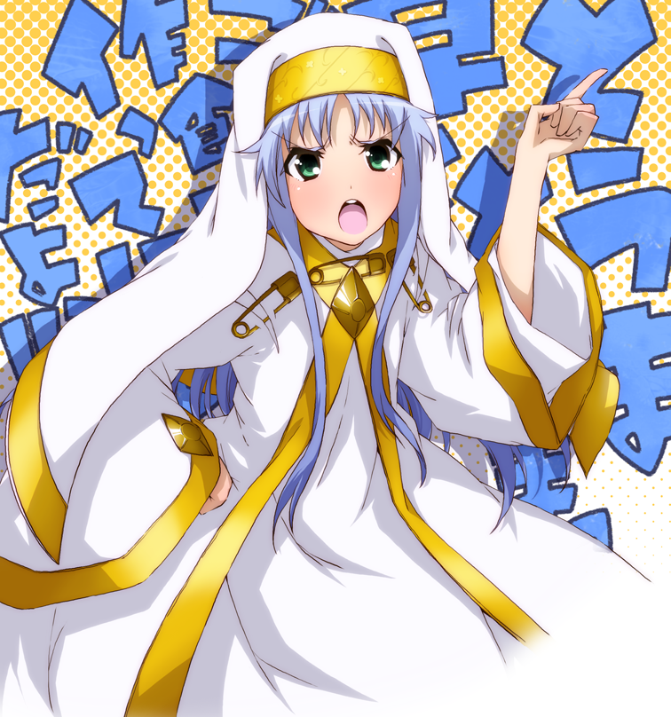 green_eyes, habit, index, long_hair, nun, open_mouth, paprika_(artist), robe