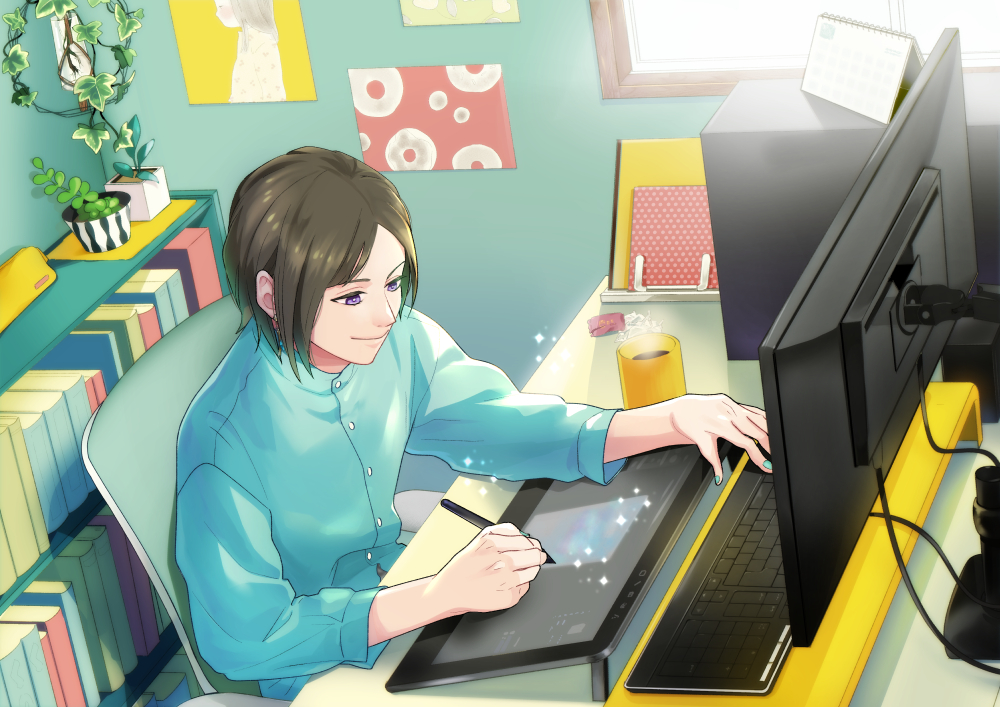 1boy, blue_shirt, book, bookshelf, brown_hair, chair, closed_mouth, coffee, computer, computer_keyboard, cup, drawing_tablet, holding, holding_stylus, indoors, male_focus, matayoshi_mari, monitor, mug, nail_polish, original, plant, potted_plant, shirt, short_hair, solo, stylus, violet_eyes, window