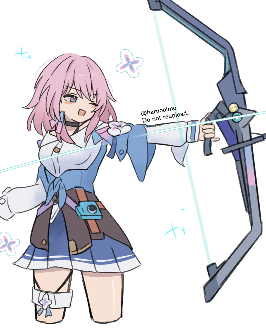 1girl, absurdres, black_corset, blue_eyes, blue_skirt, bow_(weapon), breasts, camera
