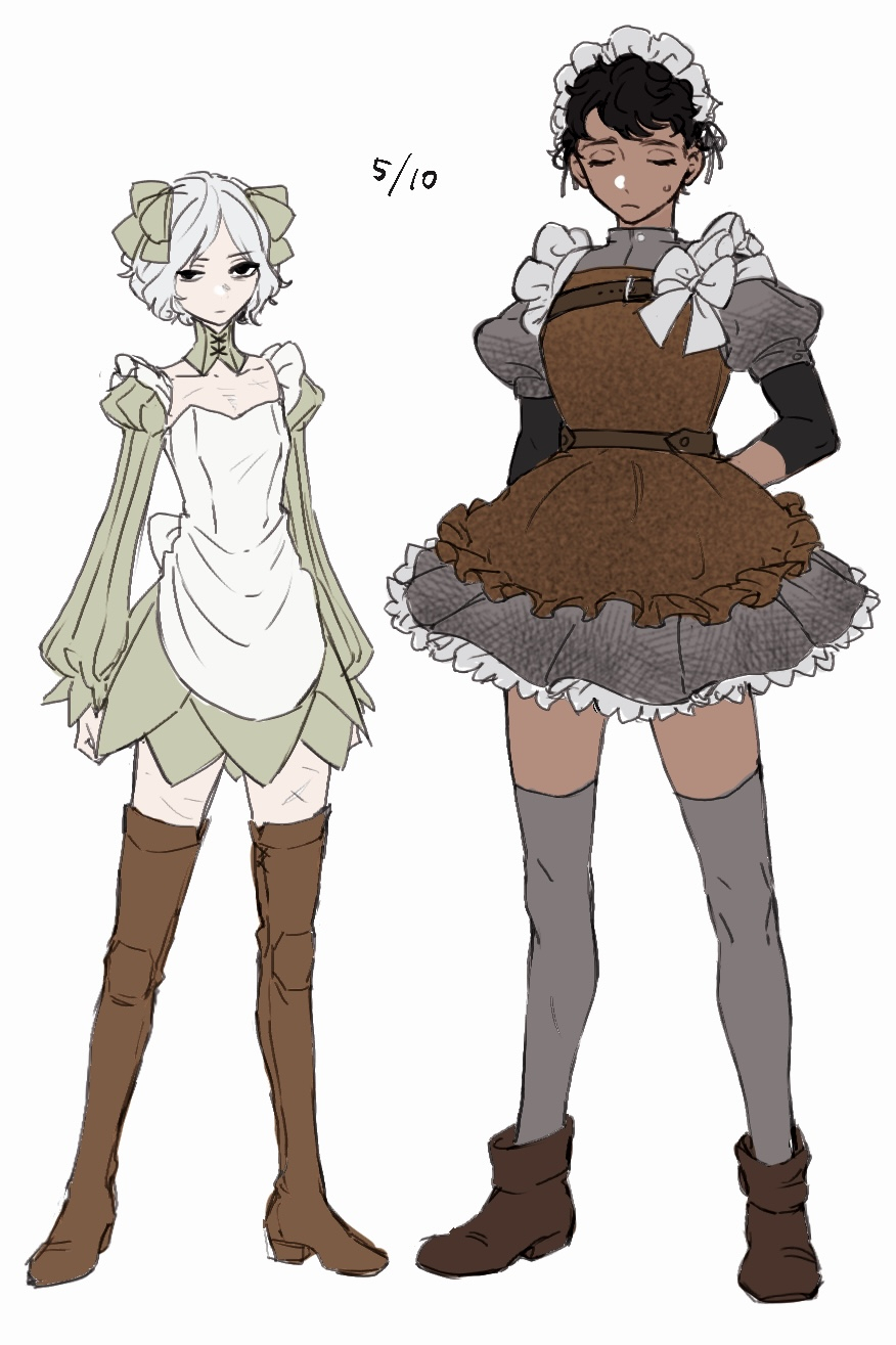 2boys, armor, bags_under_eyes, black_eyes, black_hair, boots, closed_eyes, crossdressing