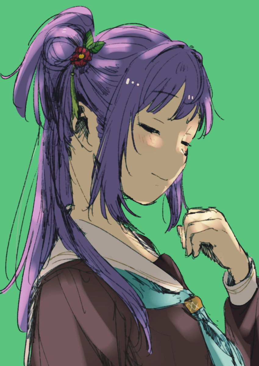 1girl, 524ryo, aqua_neckerchief, blush, brown_dress, closed_eyes, closed_mouth, commentary_request