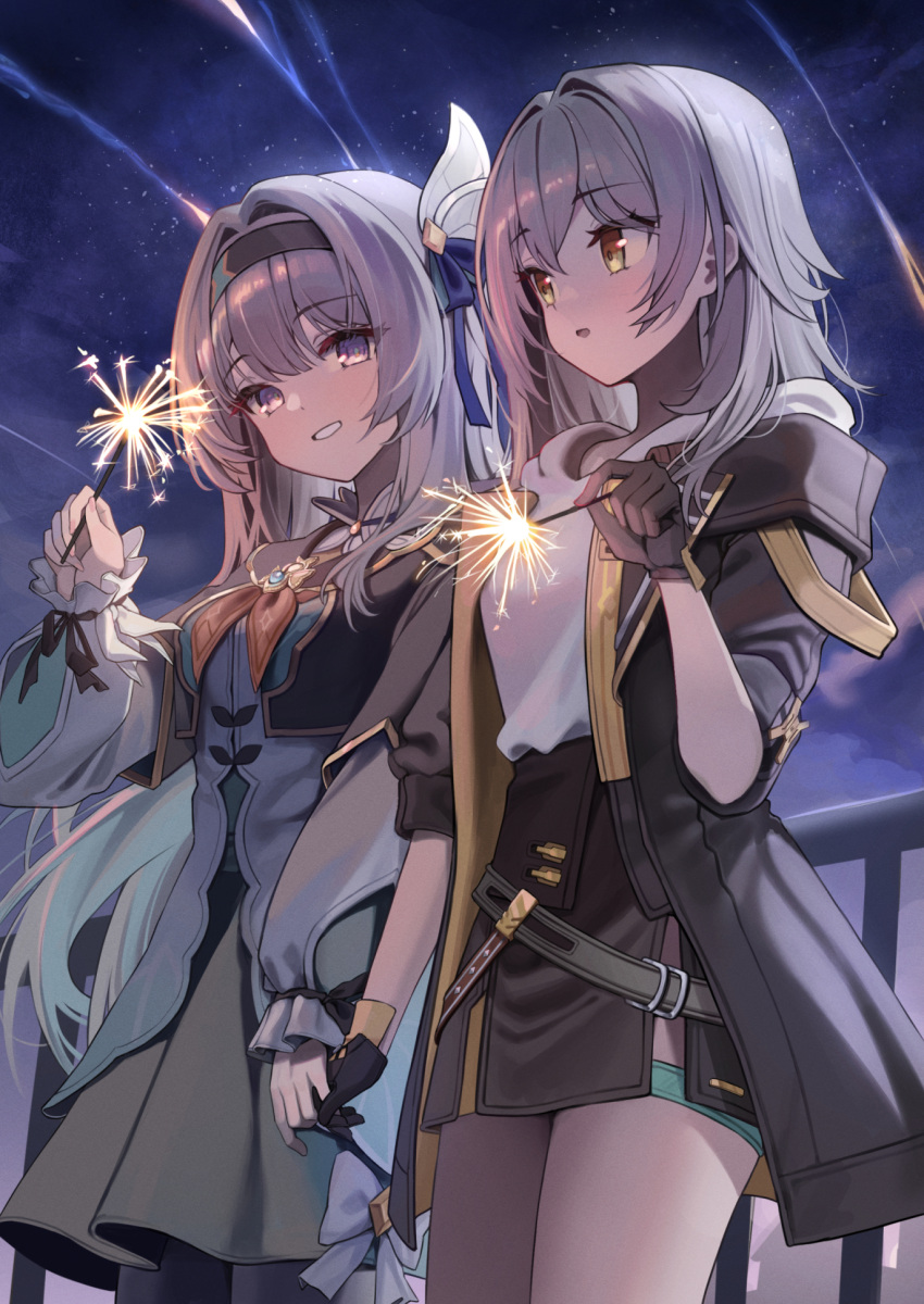 2girls, aqua_skirt, black_gloves, black_hairband, black_jacket, black_skirt, firefly_(honkai:_star_rail), gloves
