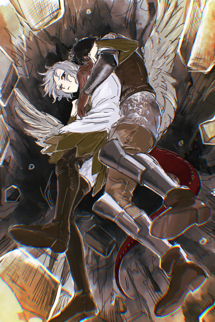 1girl, 2boys, armor, bags_under_eyes, black_eyes, black_hair, boots, chainmail
