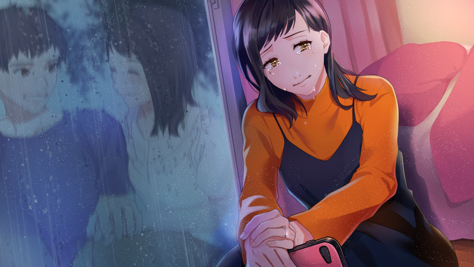 1boy, 1girl, bedroom, black_dress, black_hair, break_up, brown_eyes, cellphone